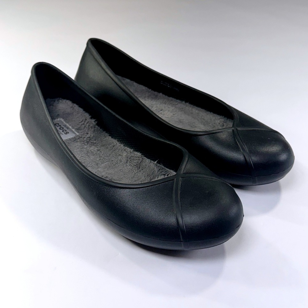 Crocs Olivia ll Flats Womens 10 Black Slip On Ballet Faux Fur Lined Comfort Shoe